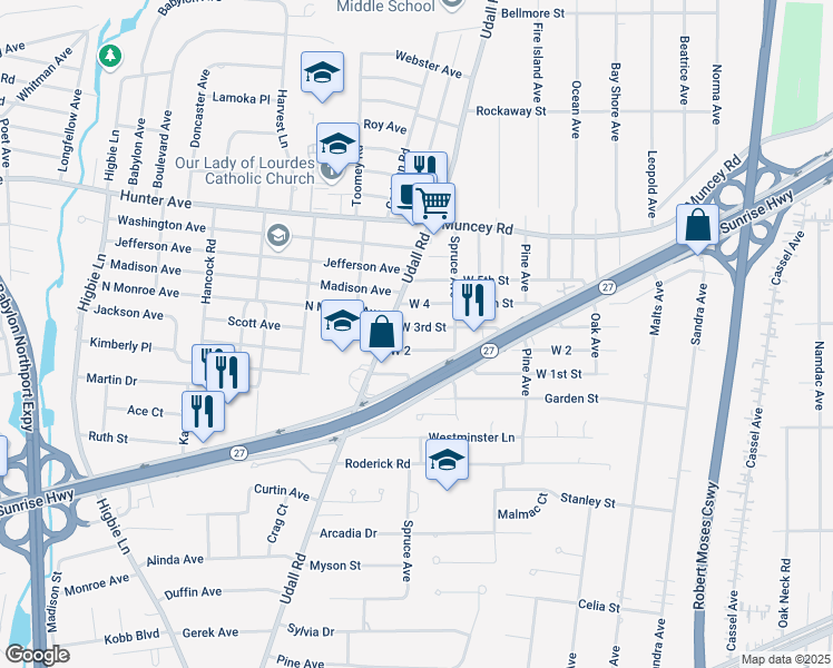 map of restaurants, bars, coffee shops, grocery stores, and more near 136 West 2nd Street in West Islip