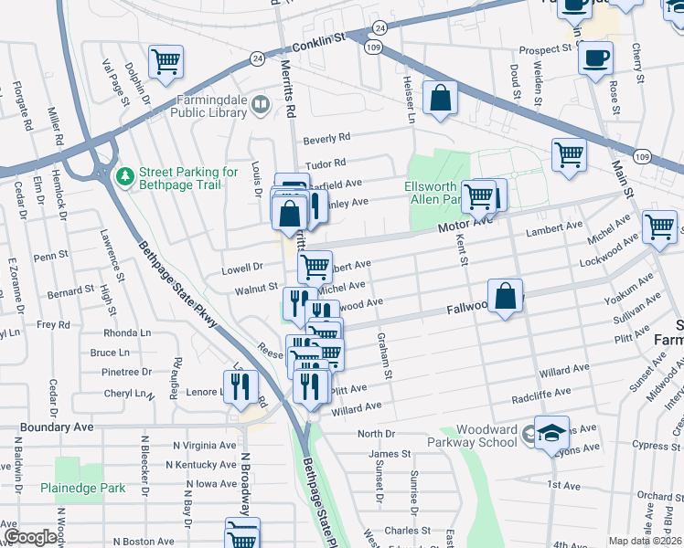 map of restaurants, bars, coffee shops, grocery stores, and more near 132 Michel Avenue in Farmingdale
