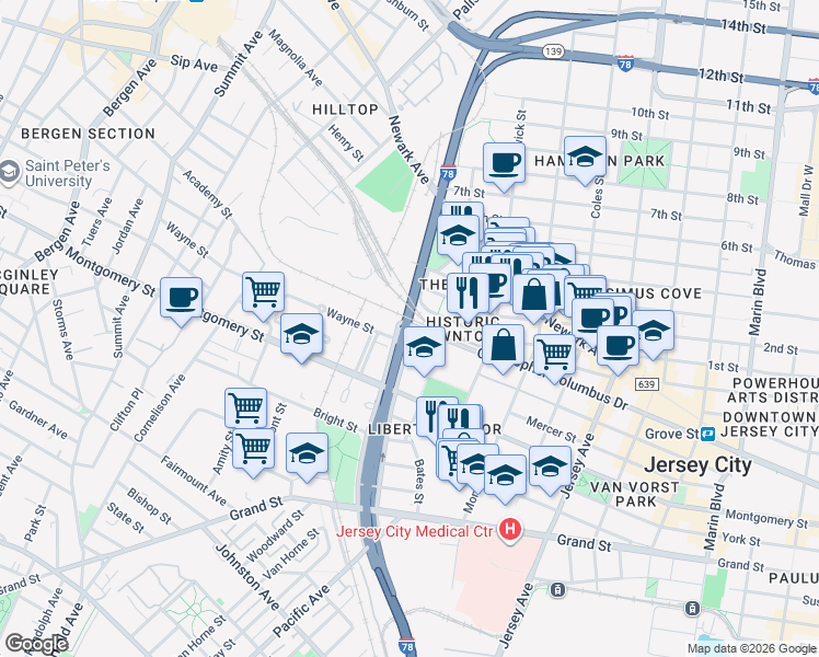 map of restaurants, bars, coffee shops, grocery stores, and more near 20 Christopher Columbus Drive in Jersey City