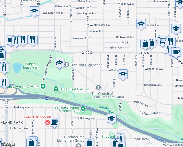 map of restaurants, bars, coffee shops, grocery stores, and more near 2222 Wellington Street East in Salt Lake City