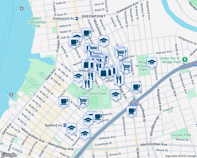 map of restaurants, bars, coffee shops, grocery stores, and more near in Brooklyn