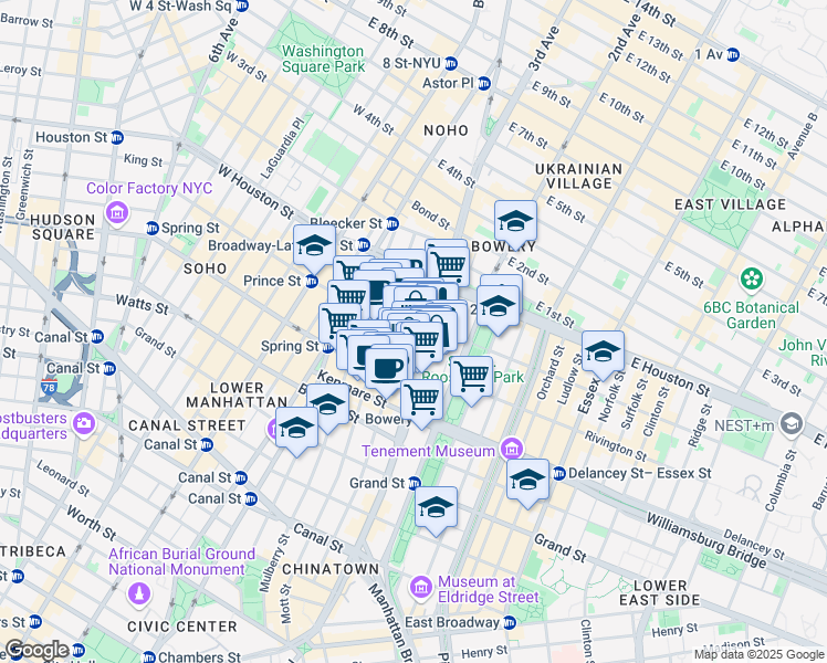 map of restaurants, bars, coffee shops, grocery stores, and more near 220 Bowery in New York