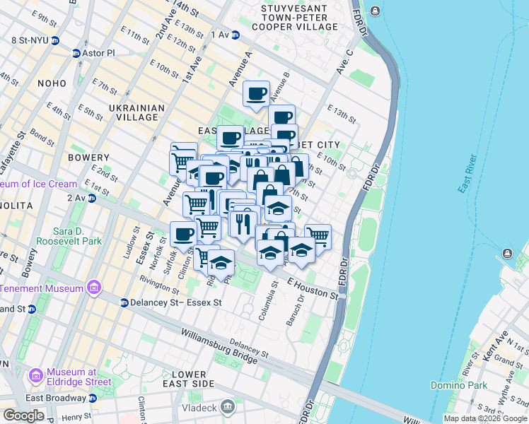 map of restaurants, bars, coffee shops, grocery stores, and more near in New York