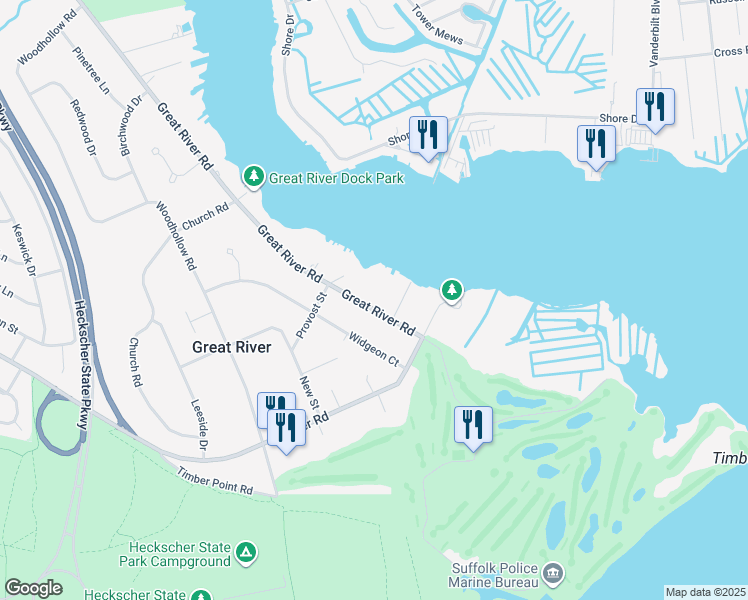 map of restaurants, bars, coffee shops, grocery stores, and more near 370 Great River Road in Great River