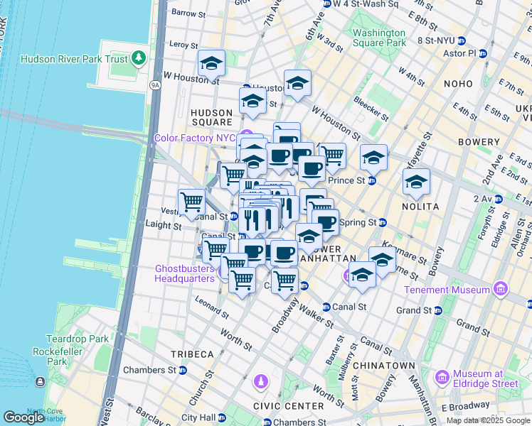 map of restaurants, bars, coffee shops, grocery stores, and more near 323 West Broadway in New York