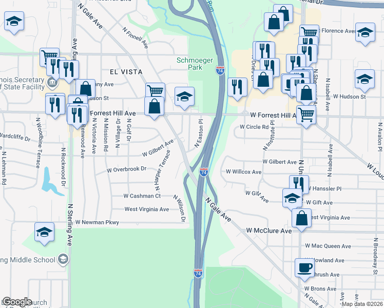 map of restaurants, bars, coffee shops, grocery stores, and more near 2900 North Easton Place in Peoria