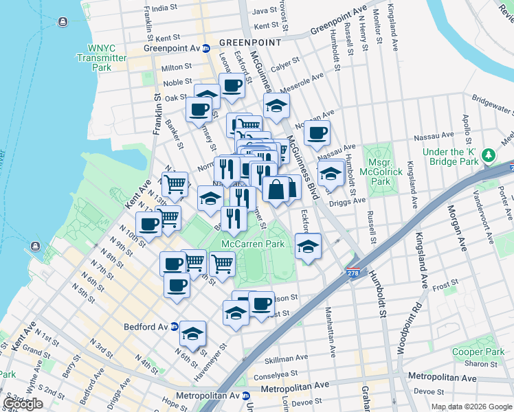 map of restaurants, bars, coffee shops, grocery stores, and more near 872 Lorimer Street in Brooklyn