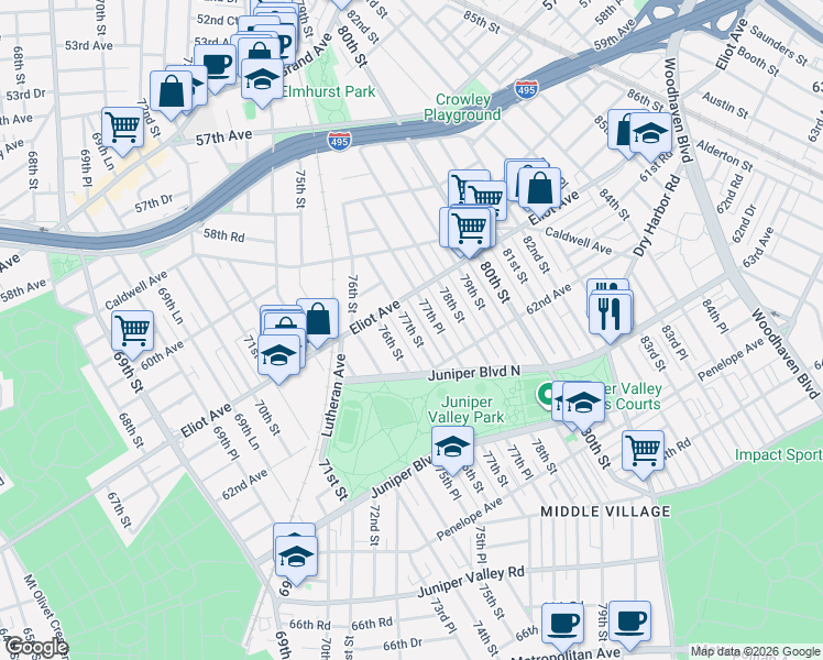 map of restaurants, bars, coffee shops, grocery stores, and more near in Queens