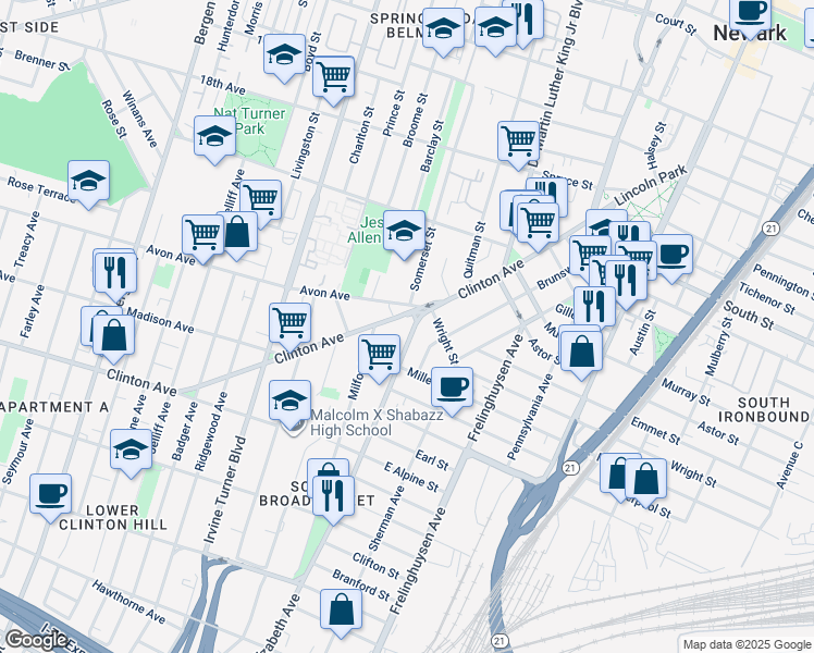 map of restaurants, bars, coffee shops, grocery stores, and more near 30-32 Avon Avenue in Newark