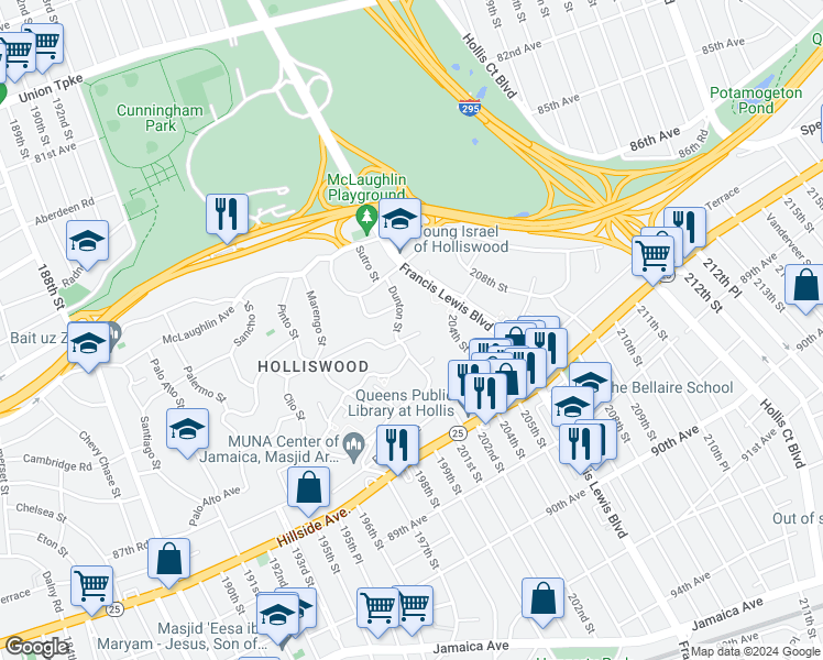 map of restaurants, bars, coffee shops, grocery stores, and more near 200-17 Keno Avenue in Queens