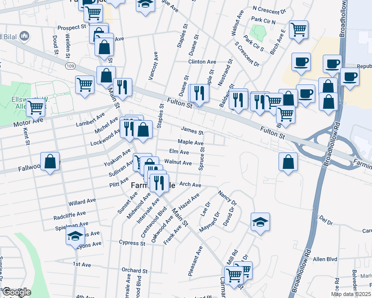 map of restaurants, bars, coffee shops, grocery stores, and more near 21 Maple Avenue in South Farmingdale