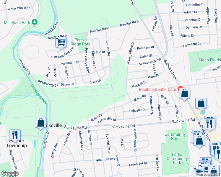 map of restaurants, bars, coffee shops, grocery stores, and more near 2250 Mitman Road in Easton