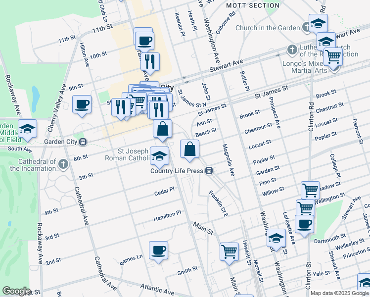 map of restaurants, bars, coffee shops, grocery stores, and more near 601 Franklin Avenue in Garden City
