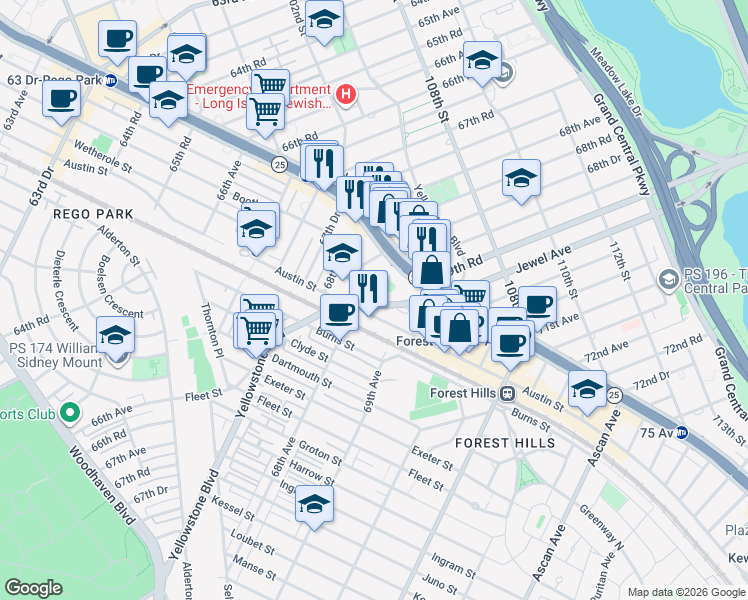 map of restaurants, bars, coffee shops, grocery stores, and more near 104-40 Queens Boulevard in Queens