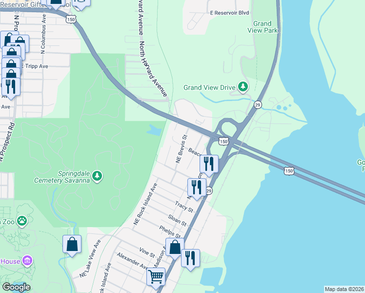 map of restaurants, bars, coffee shops, grocery stores, and more near 3598 Northeast Brevis Street in Peoria