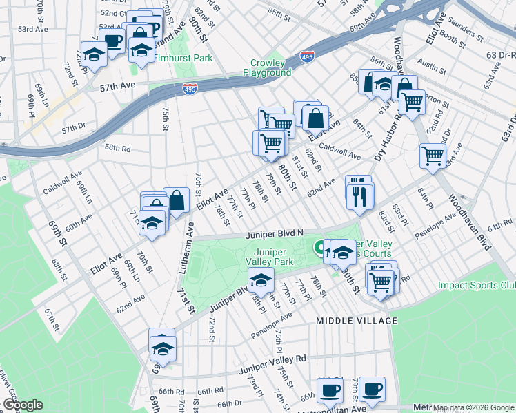 map of restaurants, bars, coffee shops, grocery stores, and more near 61-21 77th Place in Queens