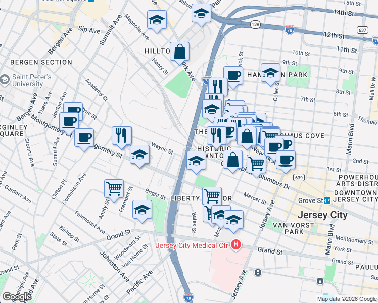 map of restaurants, bars, coffee shops, grocery stores, and more near 26 Merseles Street in Jersey City