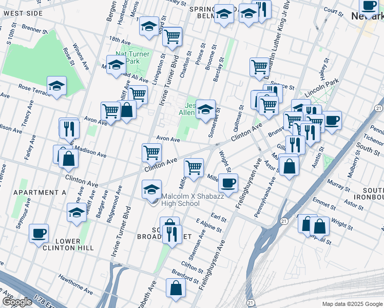 map of restaurants, bars, coffee shops, grocery stores, and more near Clinton Avenue & Milford Avenue in Newark