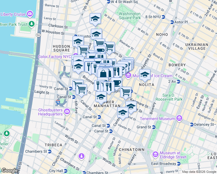 map of restaurants, bars, coffee shops, grocery stores, and more near 73-77 Mercer Street in New York