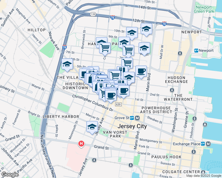 map of restaurants, bars, coffee shops, grocery stores, and more near 563 Jersey Avenue in Jersey City