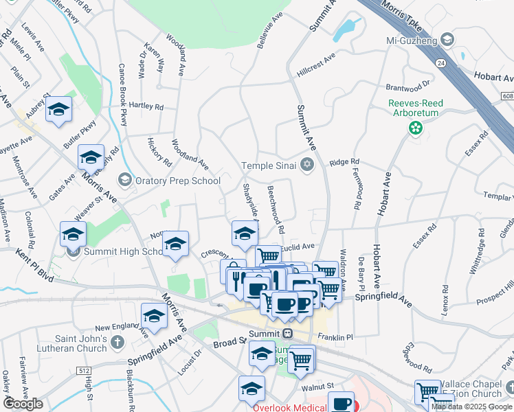 map of restaurants, bars, coffee shops, grocery stores, and more near 31 Shadyside Avenue in Summit