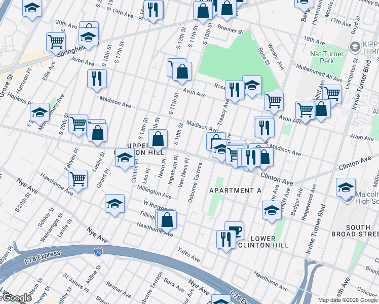 map of restaurants, bars, coffee shops, grocery stores, and more near 609 Clinton Avenue in Newark