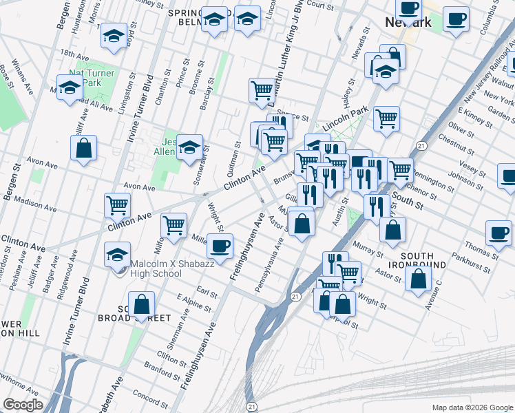 map of restaurants, bars, coffee shops, grocery stores, and more near 158 Clinton Avenue in Newark