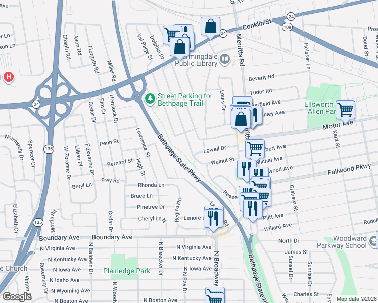 map of restaurants, bars, coffee shops, grocery stores, and more near 80 West Walnut Street in Farmingdale