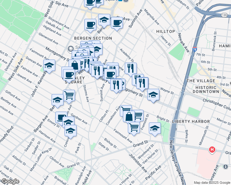 map of restaurants, bars, coffee shops, grocery stores, and more near 50 Baldwin Avenue in Jersey City