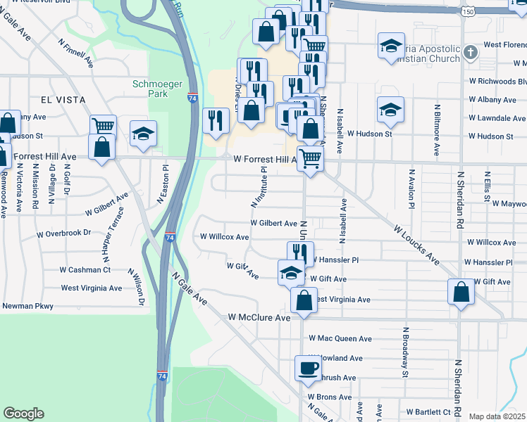 map of restaurants, bars, coffee shops, grocery stores, and more near 1416 West Maywood Avenue in Peoria