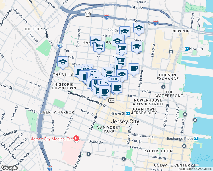 map of restaurants, bars, coffee shops, grocery stores, and more near Jersey Avenue in Jersey City