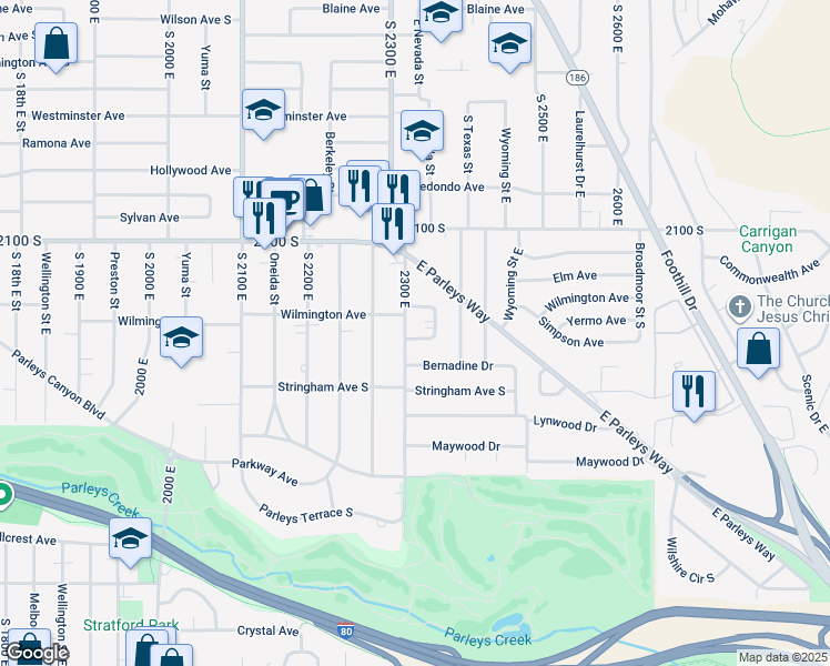 map of restaurants, bars, coffee shops, grocery stores, and more near 2242 Wilmington Circle in Salt Lake City