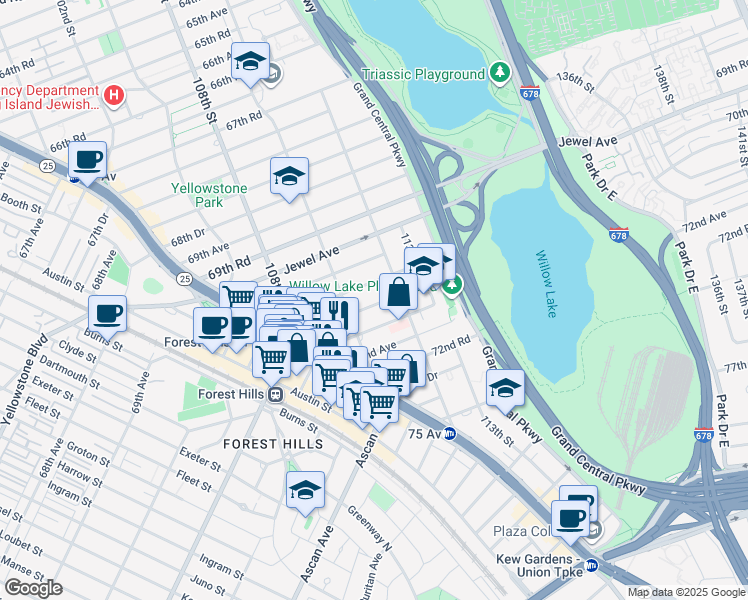 map of restaurants, bars, coffee shops, grocery stores, and more near 110-37 70th Road in Queens
