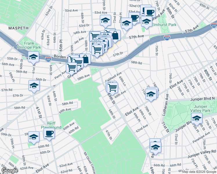 map of restaurants, bars, coffee shops, grocery stores, and more near 69-30 Caldwell Avenue in Queens