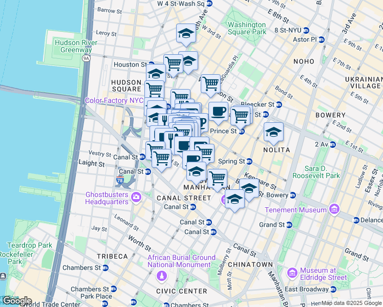 map of restaurants, bars, coffee shops, grocery stores, and more near 478 Broome Street in New York