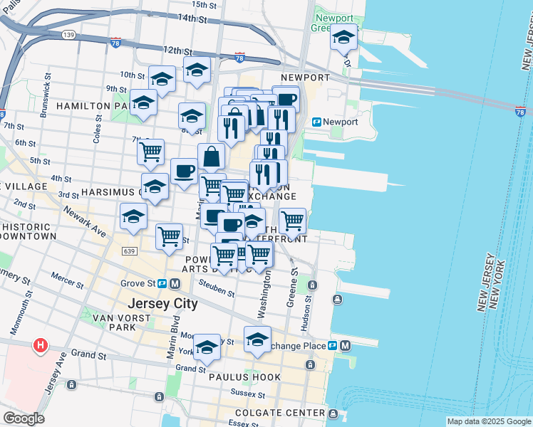 map of restaurants, bars, coffee shops, grocery stores, and more near 425 Washington Boulevard in Jersey City