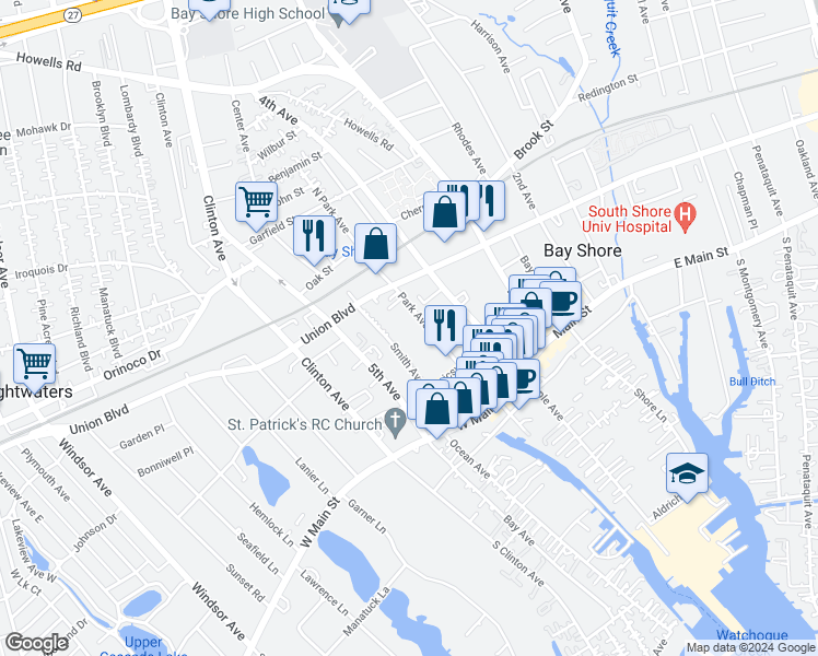 map of restaurants, bars, coffee shops, grocery stores, and more near 64 Park Avenue in Bay Shore