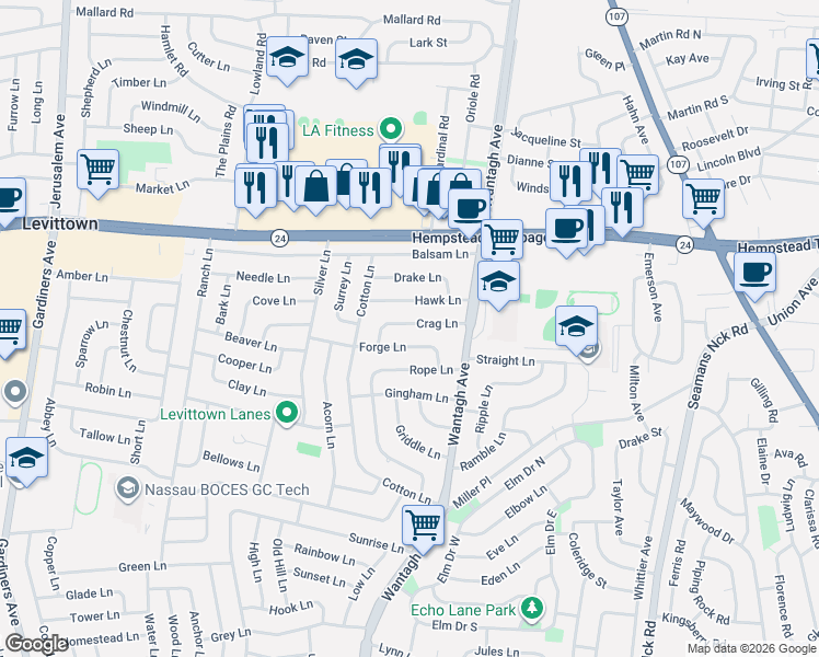 map of restaurants, bars, coffee shops, grocery stores, and more near 34 Hawk Lane in Levittown