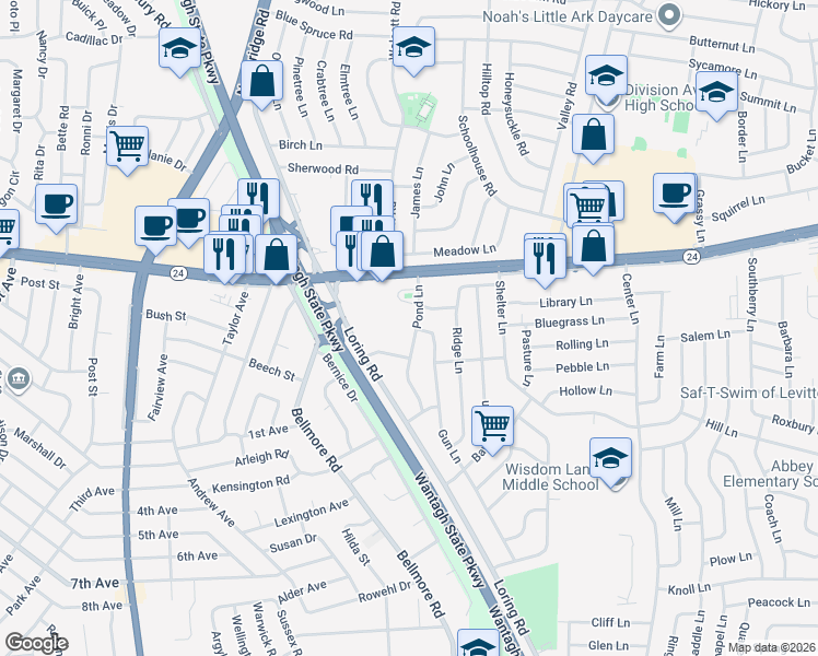 map of restaurants, bars, coffee shops, grocery stores, and more near 16 Horseshoe Lane in Levittown