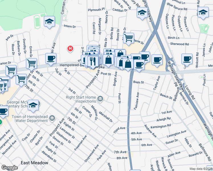 map of restaurants, bars, coffee shops, grocery stores, and more near 2199 Mcclellan Street in East Meadow