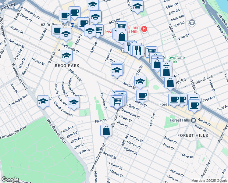 map of restaurants, bars, coffee shops, grocery stores, and more near 97-14 67th Avenue in Queens
