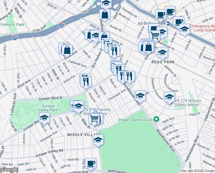 map of restaurants, bars, coffee shops, grocery stores, and more near 84-18 63rd Avenue in Queens