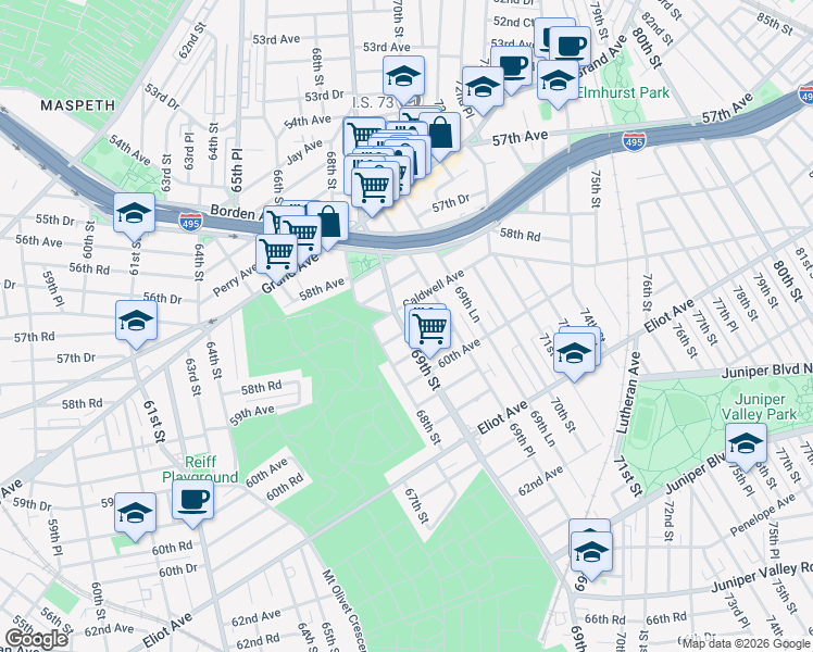 map of restaurants, bars, coffee shops, grocery stores, and more near 69-30 Caldwell Avenue in Queens