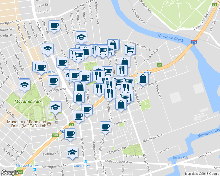 map of restaurants, bars, coffee shops, grocery stores, and more near in Brooklyn