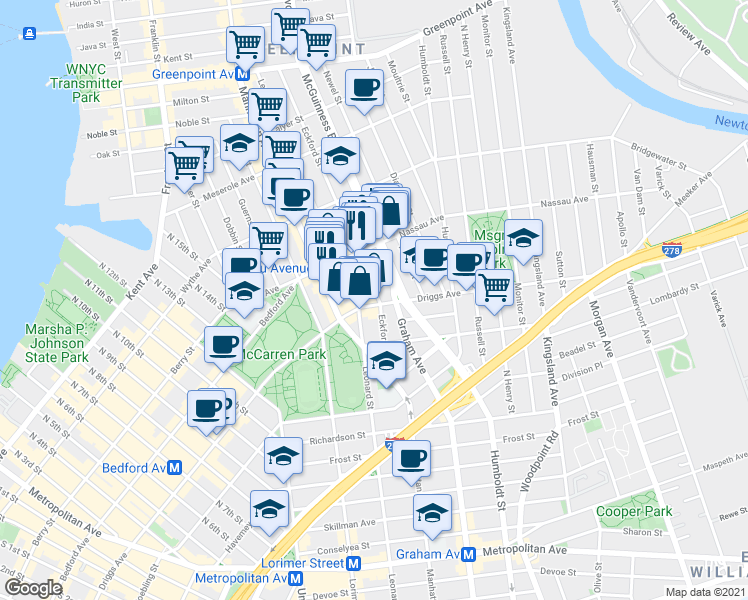 map of restaurants, bars, coffee shops, grocery stores, and more near 112 Eckford Street in Brooklyn