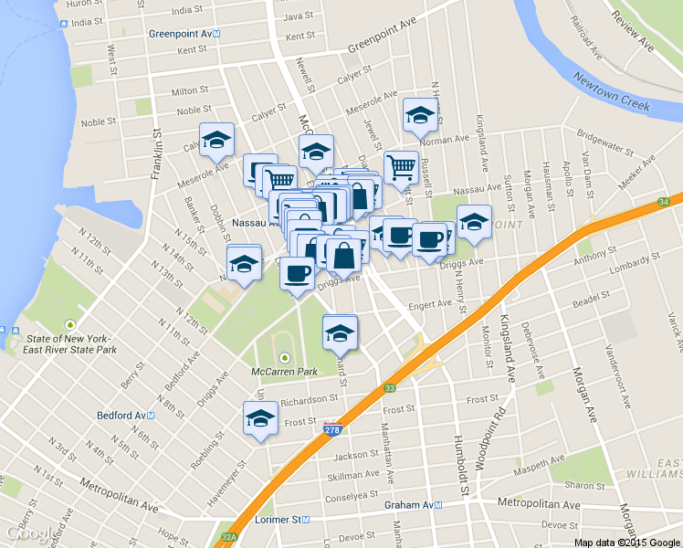 map of restaurants, bars, coffee shops, grocery stores, and more near 112 Eckford Street in Brooklyn