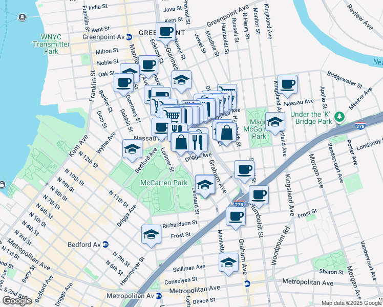 map of restaurants, bars, coffee shops, grocery stores, and more near 112 Eckford Street in Brooklyn