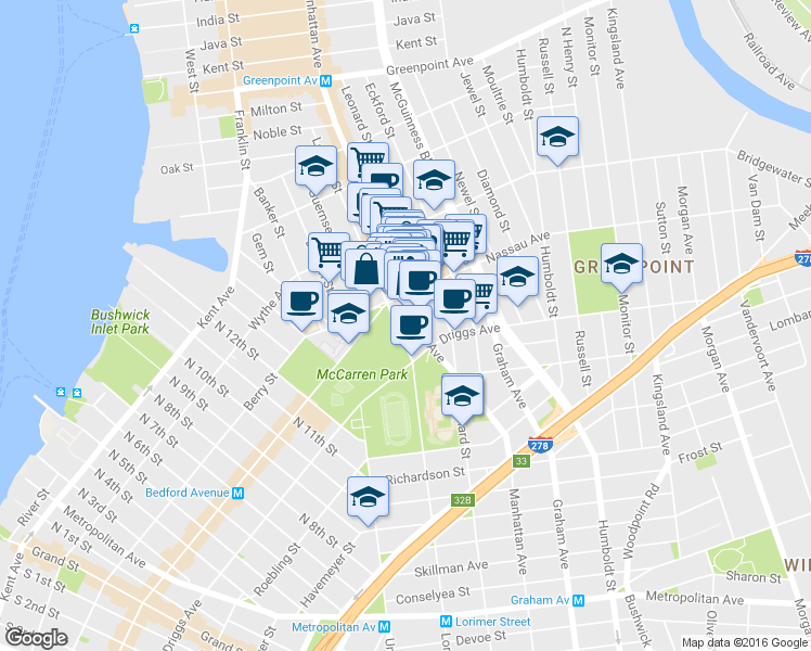 map of restaurants, bars, coffee shops, grocery stores, and more near 649 Manhattan Avenue in Brooklyn