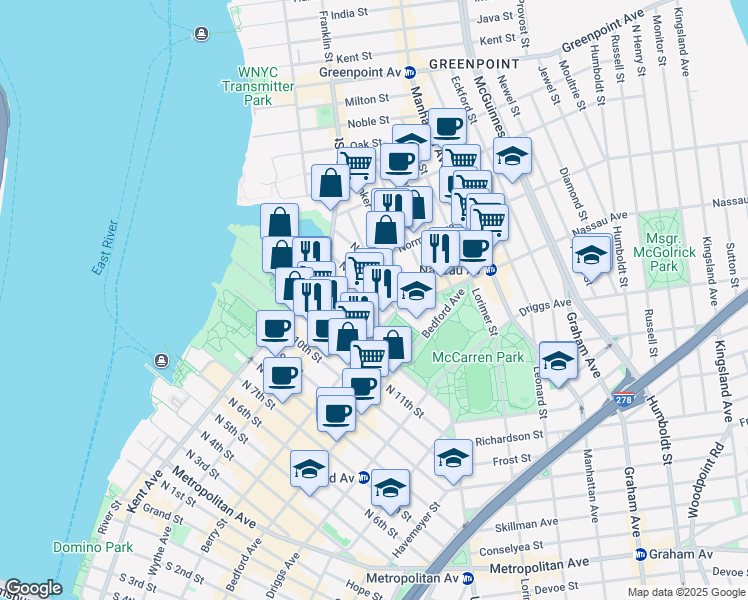 map of restaurants, bars, coffee shops, grocery stores, and more near 21 Wythe Avenue in Brooklyn
