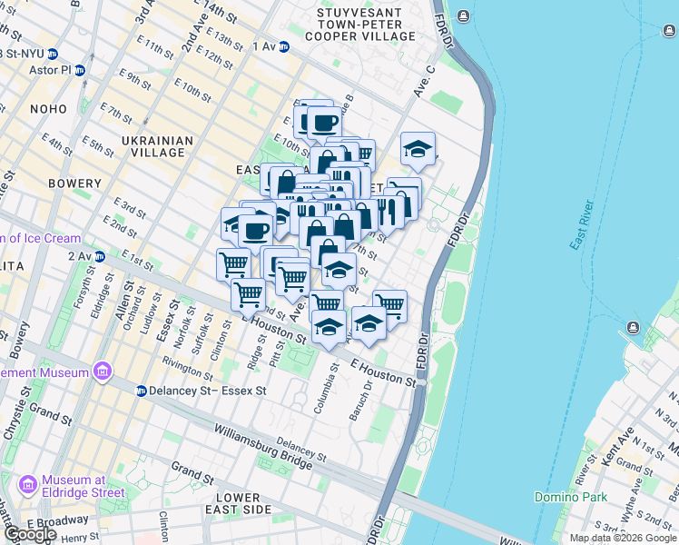 map of restaurants, bars, coffee shops, grocery stores, and more near 19 Loisaida Avenue in New York